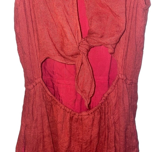 burnt Orange Lush Linen Cotton Key Hole Tie Back Romper - Picture 3 of 6